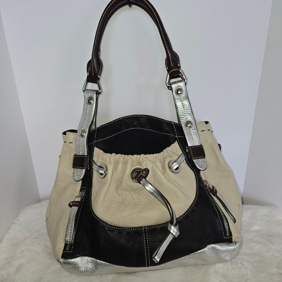 b. makowsky Large Multi Color Leather Hobo Bag in Beige, Black, Silver & Brown - Picture 1 of 14